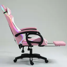 vista lateral de la Silla Gaming PowerGaming LED RGB con Reposapiés Blanco+Rosa reclinada