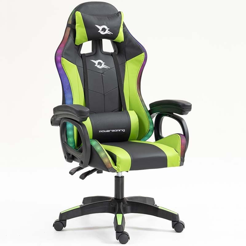 vista frontal e lateral da Cadeira Gaming PowerGaming LED RGB Preto+Verde