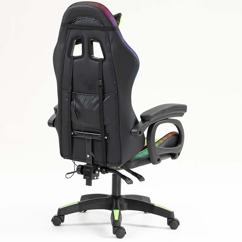 vista traseira e lateral da Cadeira Gaming PowerGaming LED RGB Preto+Verde