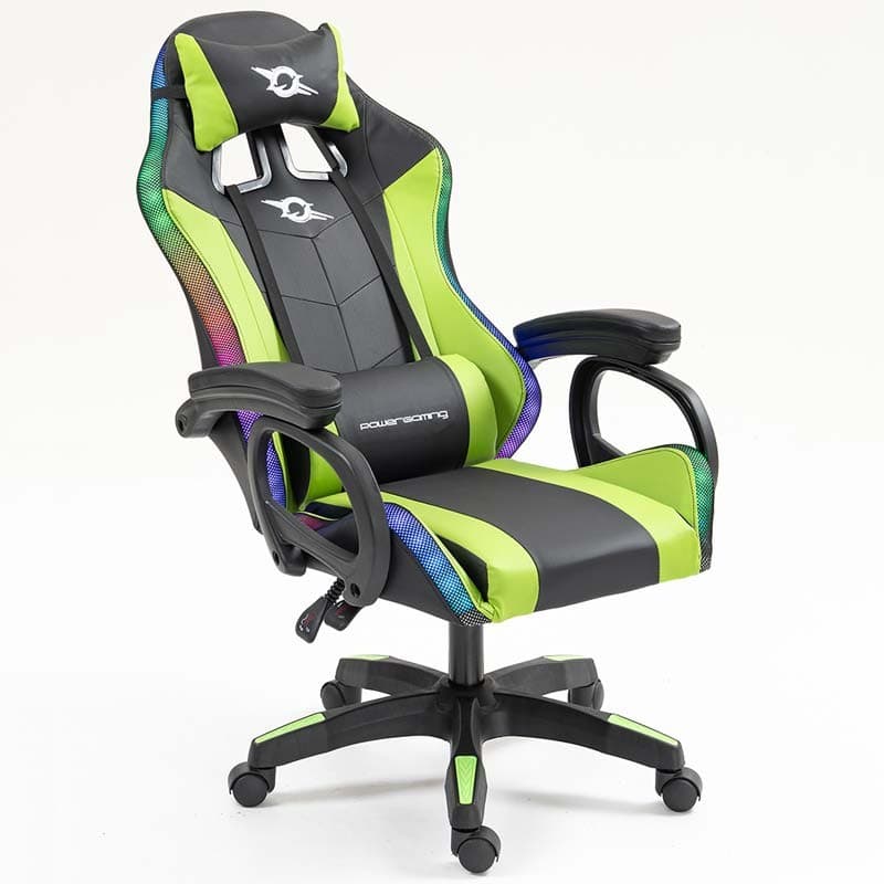 vista frontal da Cadeira Gaming PowerGaming LED RGB Preto+Verde reclinada