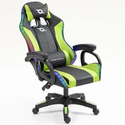 vista frontal da Cadeira Gaming PowerGaming LED RGB Preto+Verde reclinada