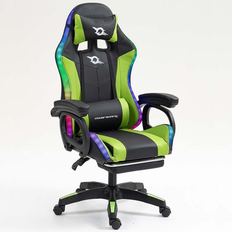vue de face et de côté de la Chaise Gaming PowerGaming LED RGB avec Repose-pieds Noir+Vert