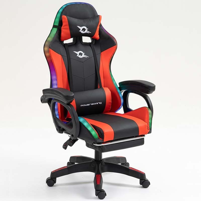 vista frontal da Cadeira Gaming PowerGaming LED RGB com Altifalante Bluetooth, Massagem e Apoio para Pés Preto+Vermelho