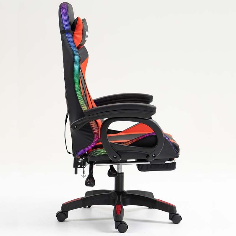 vista lateral da Cadeira Gaming PowerGaming LED RGB com Altifalante Bluetooth, Massagem e Apoio para Pés Preto+Vermelho