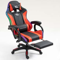 vista frontal e lateral da Cadeira Gaming PowerGaming LED RGB com Altifalante Bluetooth, Massagem e Apoio para Pés Preto+Vermelho