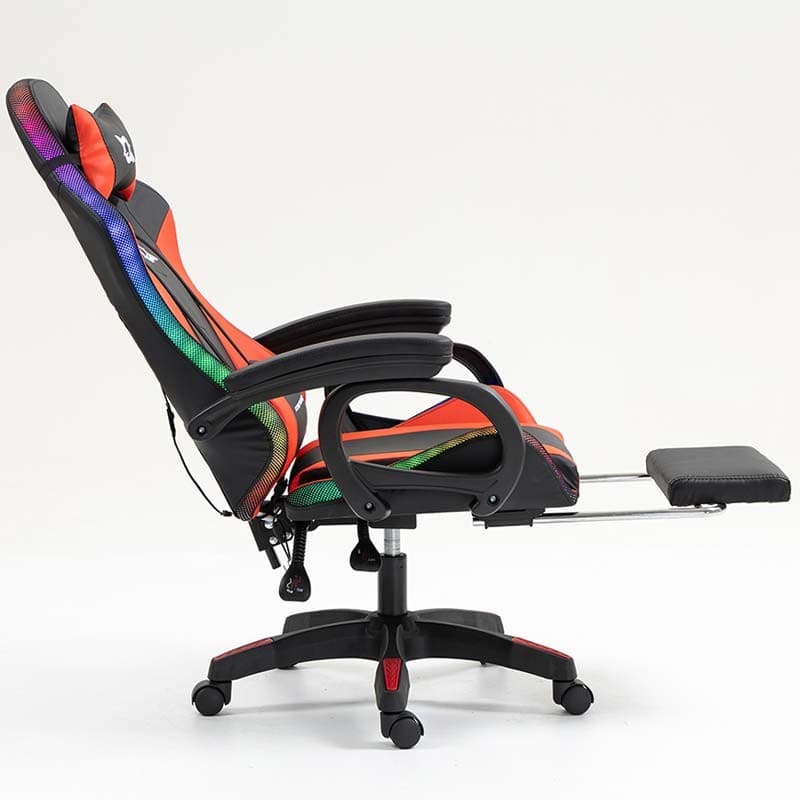 vista lateral da Cadeira Gaming PowerGaming LED RGB com Altifalante Bluetooth, Massagem e Apoio para Pés Preto+Vermelho com encosto inclinado