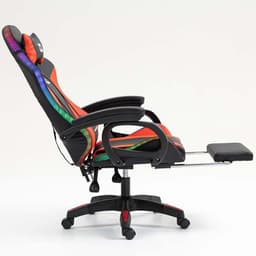 vista lateral da Cadeira Gaming PowerGaming LED RGB com Altifalante Bluetooth, Massagem e Apoio para Pés Preto+Vermelho com encosto inclinado