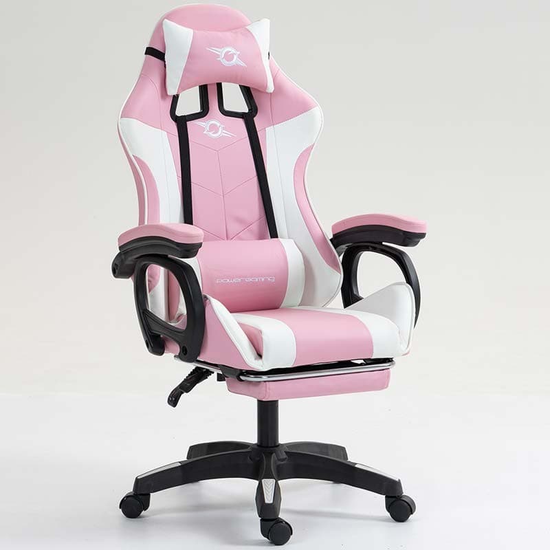 vista frontal e lateral da Cadeira Gaming PowerGaming com 7 pontos de Massagem e Apoio para Pés Branco+Rosa