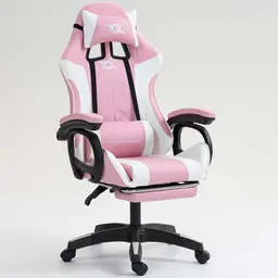 vista frontal e lateral da Cadeira Gaming PowerGaming com 7 pontos de Massagem e Apoio para Pés Branco+Rosa