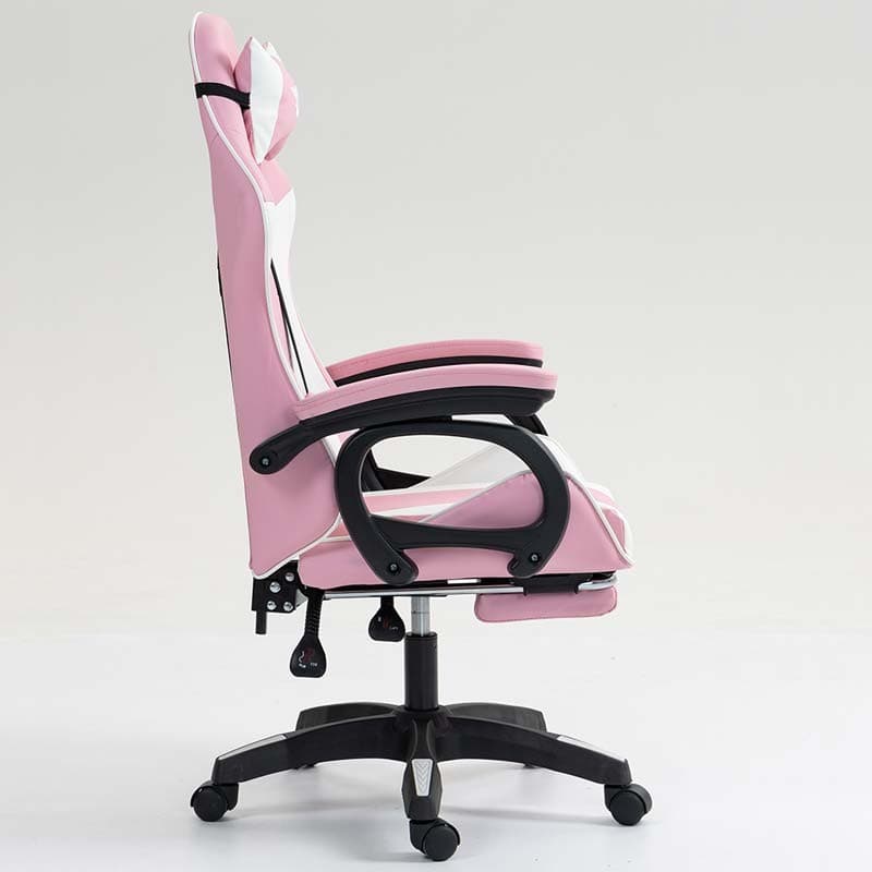 vista lateral da Cadeira Gaming PowerGaming com 7 pontos de Massagem e Apoio para Pés Branco+Rosa