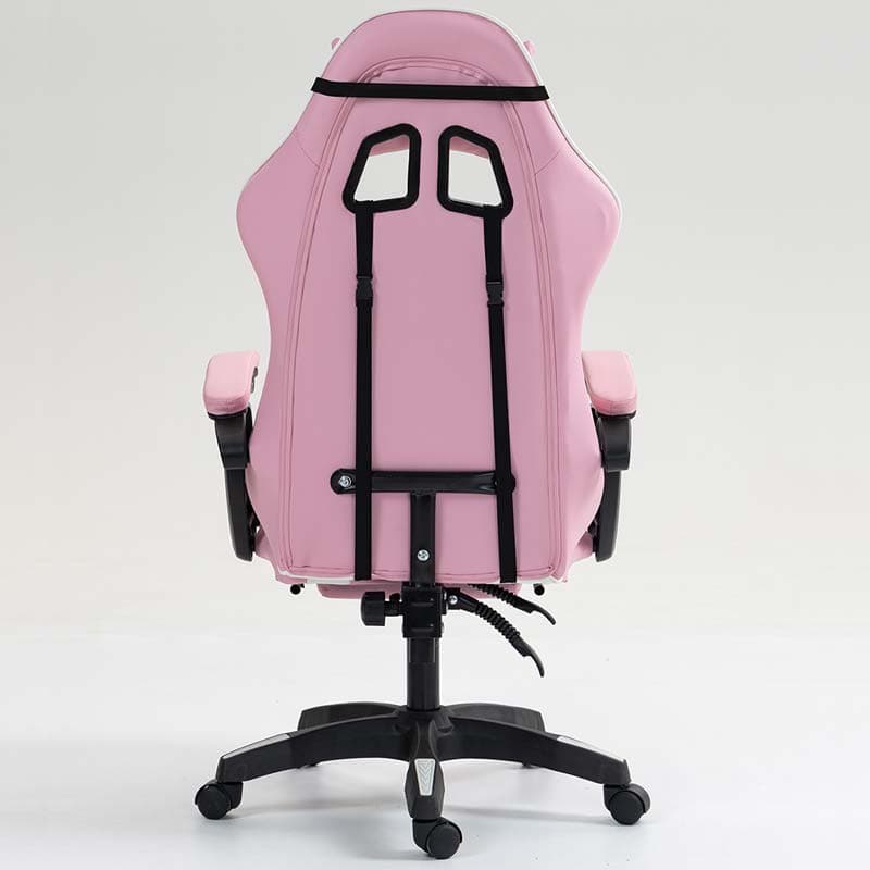 vista traseira da Cadeira Gaming PowerGaming com 7 pontos de Massagem e Apoio para Pés Branco+Rosa