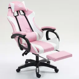 vista frontal da Cadeira Gaming PowerGaming com 7 pontos de Massagem e Apoio para Pés Branco+Rosa reclinada