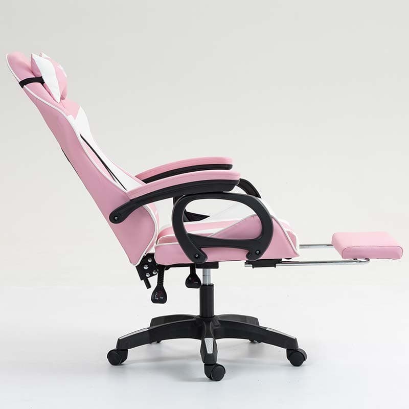 vista lateral da Cadeira Gaming PowerGaming com 7 pontos de Massagem e Apoio para Pés Branco+Rosa reclinada