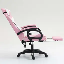 vista lateral da Cadeira Gaming PowerGaming com 7 pontos de Massagem e Apoio para Pés Branco+Rosa reclinada