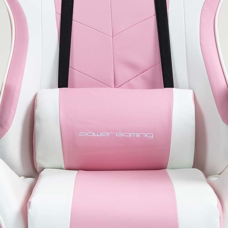 almofada lombar da Cadeira Gaming PowerGaming com 7 pontos de Massagem e Apoio para Pés Branco+Rosa