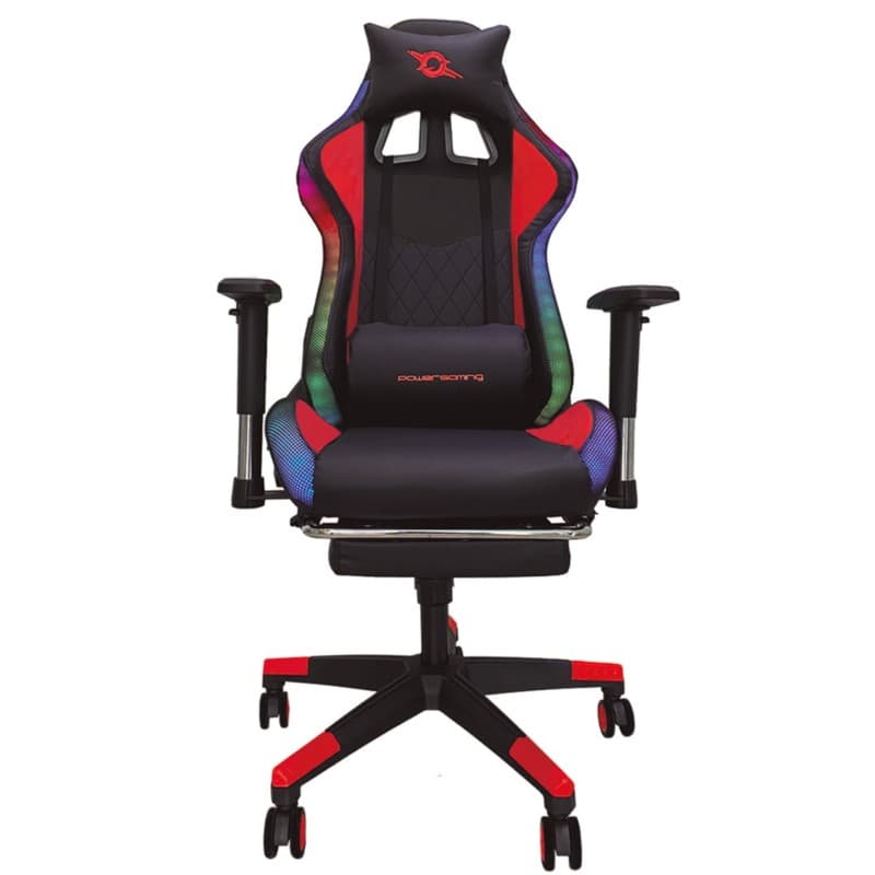 Cadeira PowerGaming LED RGB V2 vermelha com vista frontal do apoio para os pés