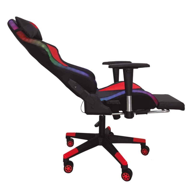 Cadeira PowerGaming LED RGB V2 Red com apoio para os pés vista lateral direita e apoio para os pés desdobrado