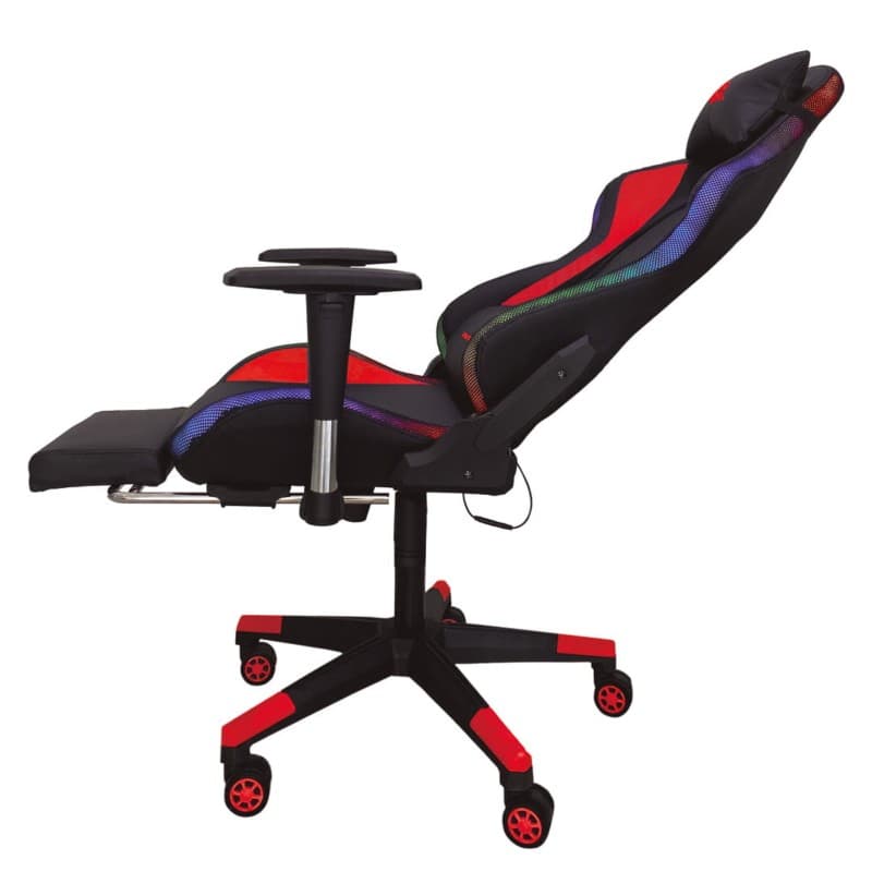 Cadeira PowerGaming LED RGB V2 Red com apoio para os pés vista lateral esquerda com encosto e apoio para os pés desdobrados