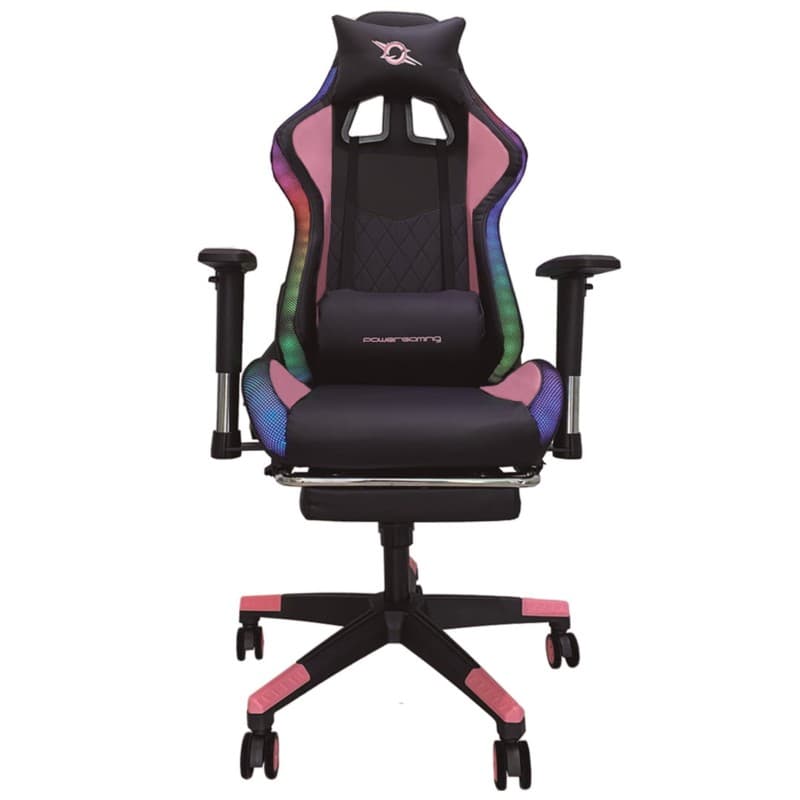 Chaise PowerGaming LED RGB V2 rose avec repose-pieds vue de face