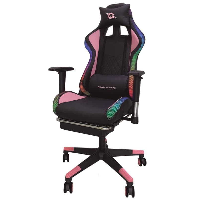 Chaise PowerGaming LED RGB V2 rose avec repose-pieds vue de face gauche