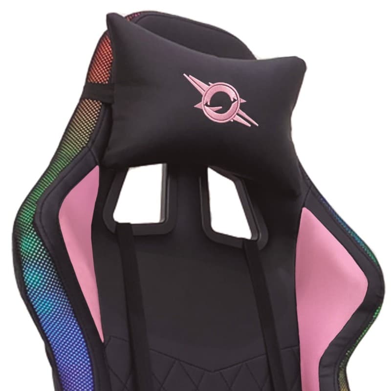 PowerGaming LED RGB V2 Chaise rose avec repose-pieds vue de face détail du coussin cervical