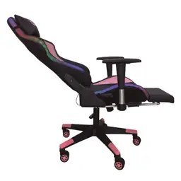 Chaise PowerGaming LED RGB V2 rose avec repose-pieds côté droit vue dossier et repose-pieds dépliés
