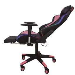 Chaise PowerGaming LED RGB V2 rose avec repose-pieds vue du côté gauche avec dossier et repose-pieds dépliés