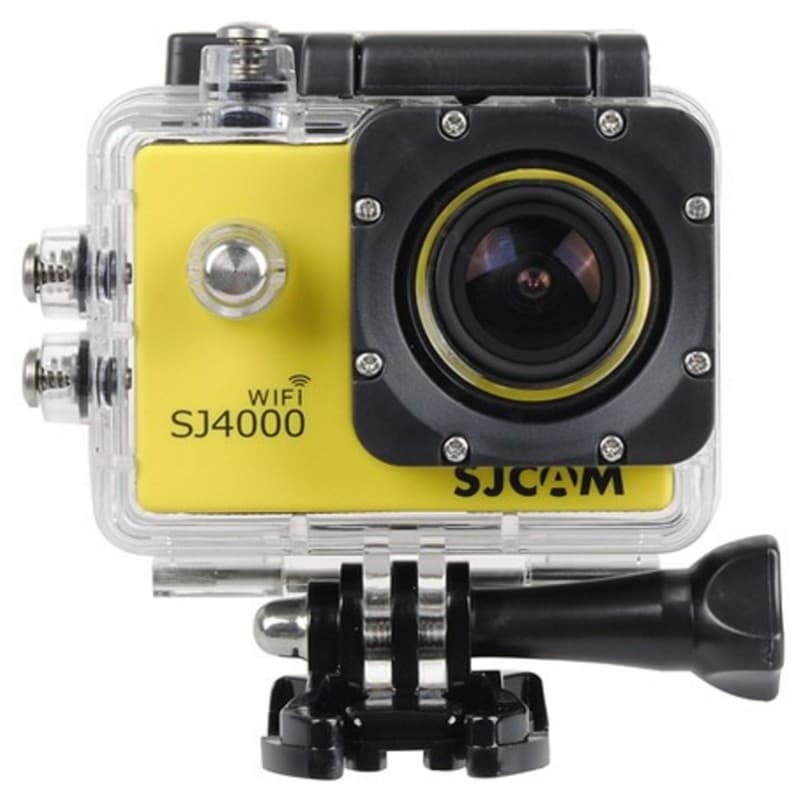 SJCAM SJ4000 WIFI Cámara Deportiva amarilla con carcasa impermeable transparente, lente gran angular, botones laterales metálicos y montaje frontal ajustable