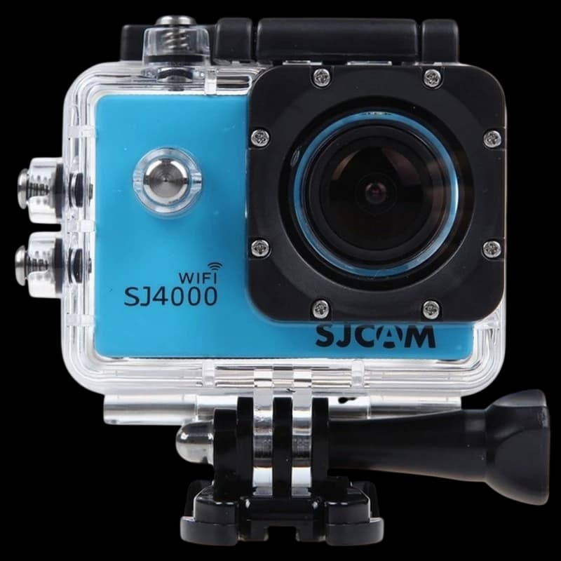 SJCAM SJ4000 WIFI - Cámara Deportiva con carcasa transparente sumergible, cuerpo azul, lente gran angular y montaje frontal con tornillos y anclaje negro