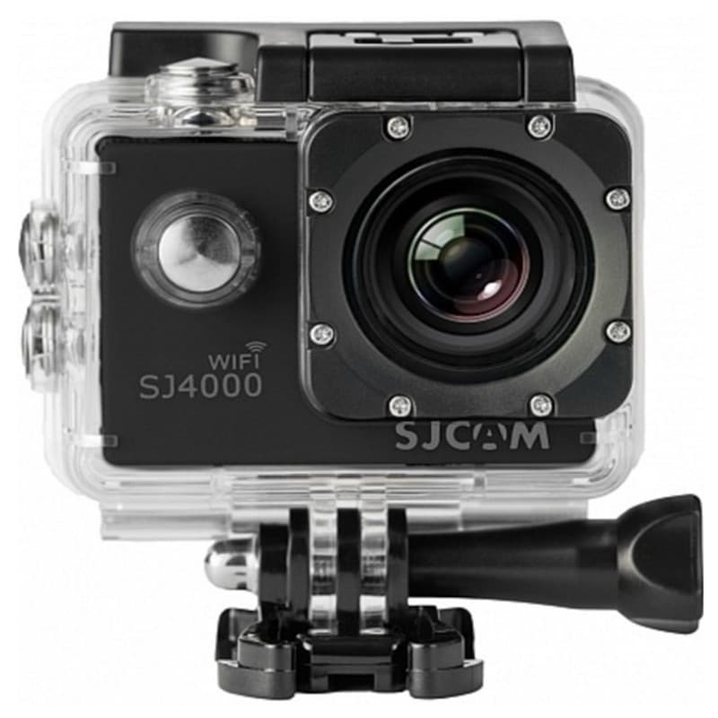 SJCAM SJ4000 WIFI – cámara de acción compacta con carcasa transparente sumergible, gran lente frontal, botones laterales y soporte de montaje robusto