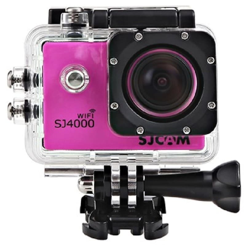 SJCAM SJ4000 WIFI Cámara Deportiva en carcasa impermeable transparente, frontal rosa con lente gran angular, botones laterales y montaje tipo GoPro