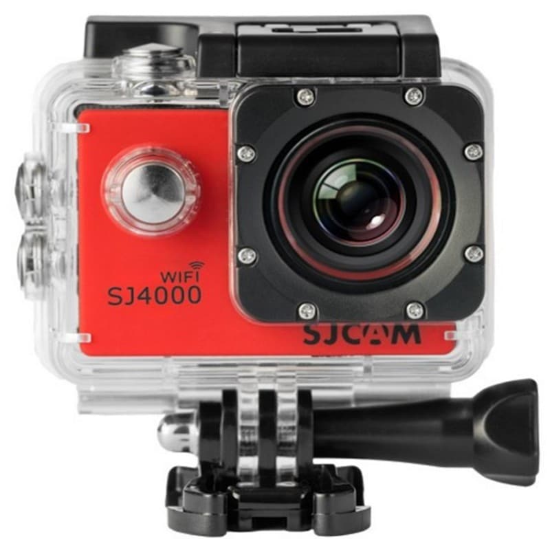 SJCAM SJ4000 WIFI Cámara Deportiva roja con carcasa impermeable transparente, lente gran angular, botón frontal plateado y montaje inferior ajustable
