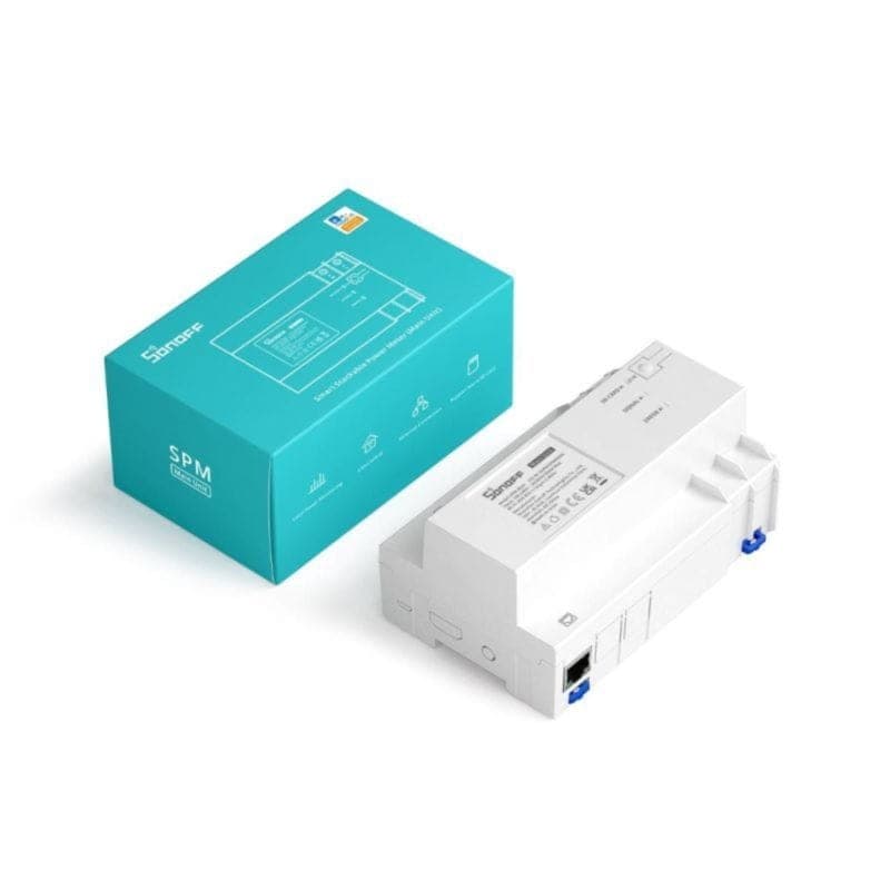 Compteur de Puissance Intelligent Sonoff SPM-Main WiFi à côté de sa boîte