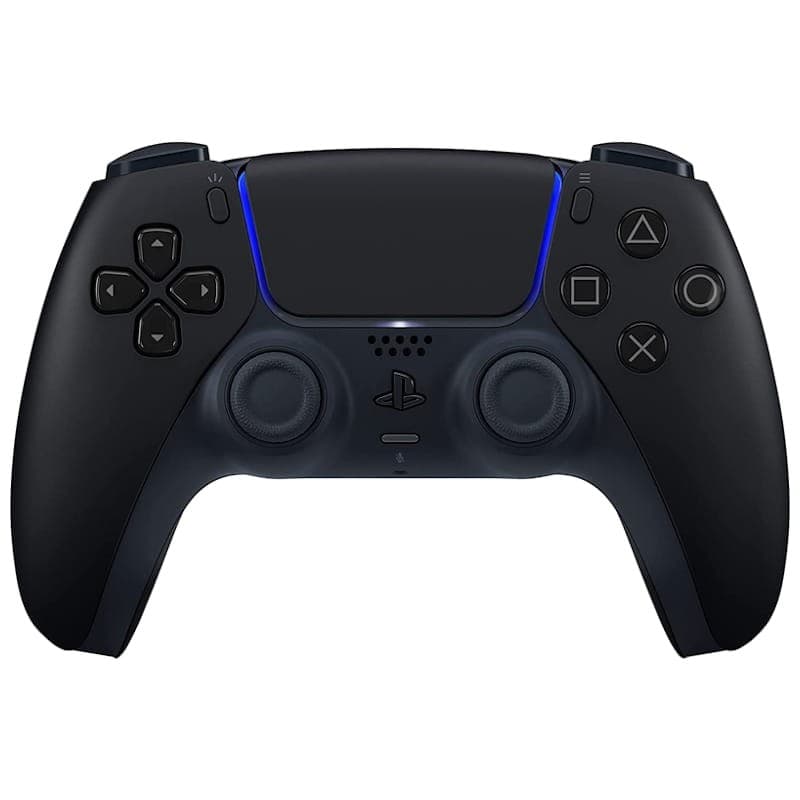 Mando Sony DualSense PS5 negro, con panel táctil central, luces LED azules, sticks analógicos dobles, botones icónicos y gatillos ergonómicos
