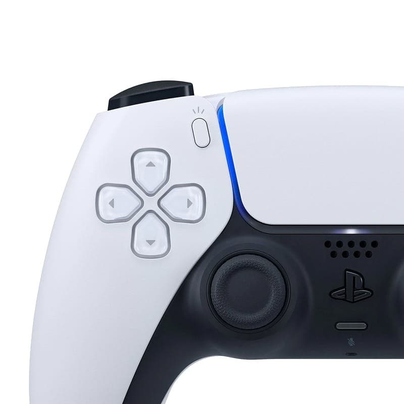 Mando Sony DualSense PS5 blanco, vista parcial: cruceta blanca, stick analógico negro, botón PS, luz LED azul y botones superiores visibles en diseño