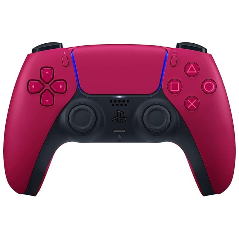 Mando Sony DualSense PS5 en color rojo con detalles negros, botones icónicos PlayStation, barra de luz azul, sticks analógicos simétricos y gatillos