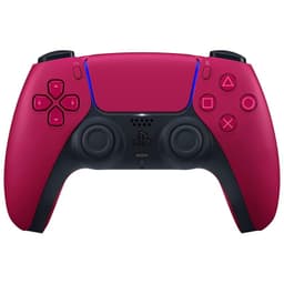 Mando Sony DualSense PS5 en color rojo con detalles negros, botones icónicos PlayStation, barra de luz azul, sticks analógicos simétricos y gatillos