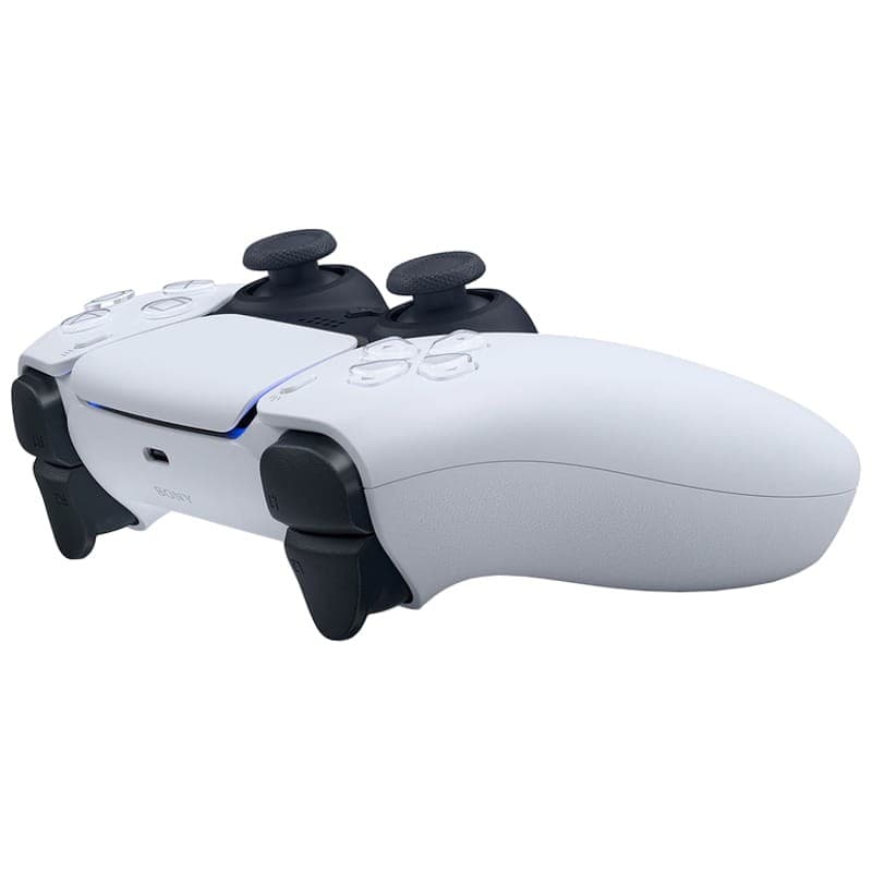 Mando Sony DualSense PS5 blanco, diseño ergonómico con gatillos y joysticks negros, barra de luz azul y botones frontales claros