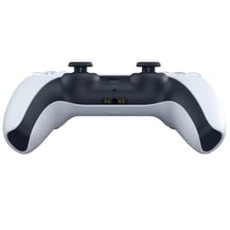 Mando Sony DualSense PS5 visto desde abajo, carcasa blanca y negra, dos joysticks, gatillos L2 y R2, puerto de audio, conector USB-C y ranuras de carga