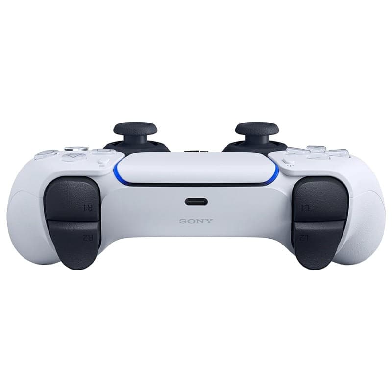 Mando Sony DualSense PS5 blanco con agarres negros, botones L1 L2 R1 R2, barra luminosa azul y puerto USB-C en el centro, diseño ergonómico