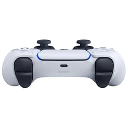 Mando Sony DualSense PS5 blanco con agarres negros, botones L1 L2 R1 R2, barra luminosa azul y puerto USB-C en el centro, diseño ergonómico