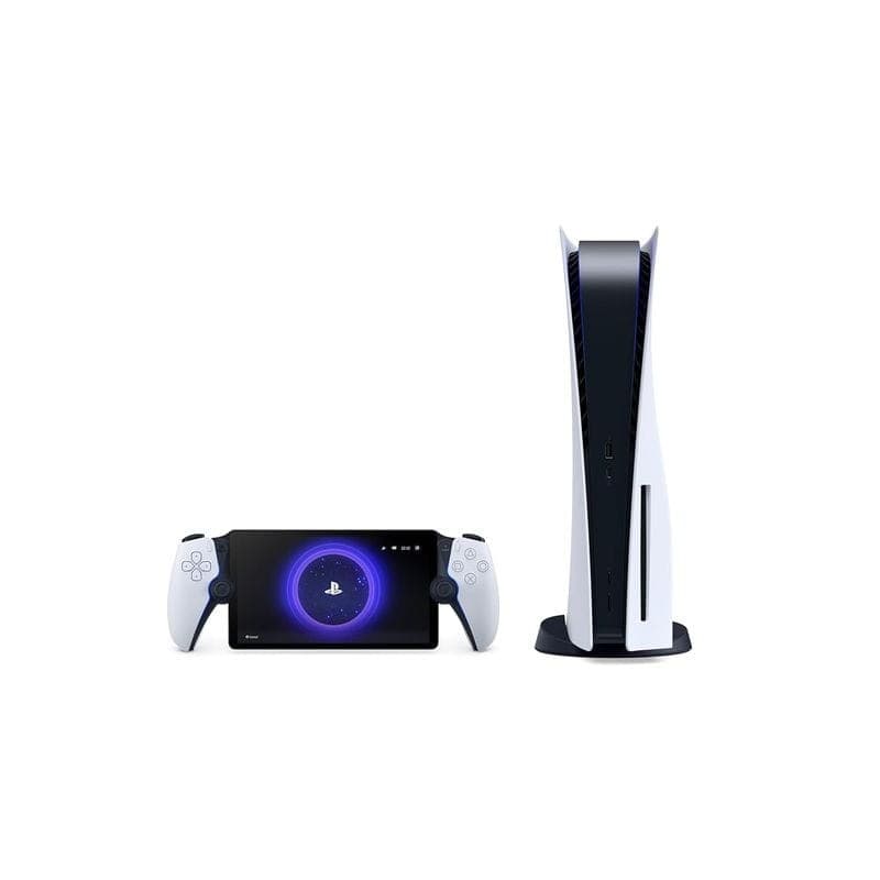 Sony PlayStation Portal Branco Renovado em estado excelente ao lado do PS5; acabamento branco com detalhes pretos, tela central e controles integrados