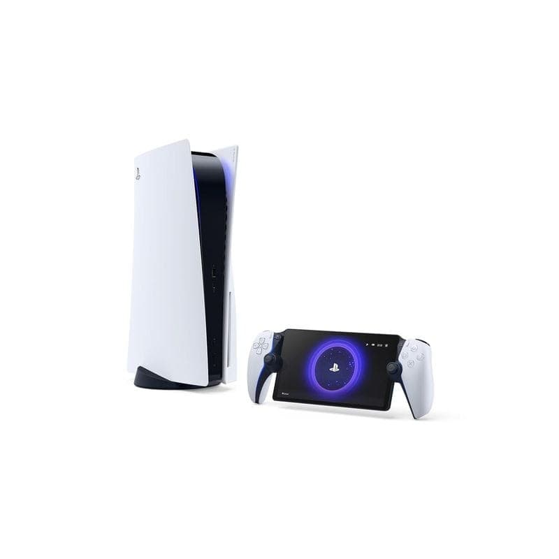 Sony PlayStation Portal Branco Renovado em estado excelente ao lado do PS5; tela ampla com interface azul, controles integrados e acabamento branco elegante