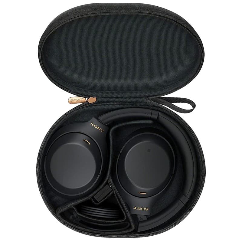 Sony WH-1000XM4 Bluetooth ANC Hi-Res 30 h Preto dobrado em estojo rígido preto, cápsulas over-ear foscas, detalhes dourados Sony, cabo e compartimentos