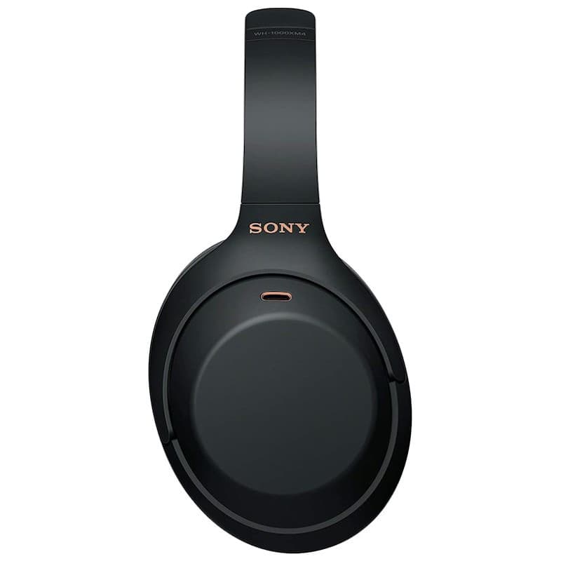Headphone Sony WH-1000XM4 Bluetooth ANC Hi-Res preto, concha oval grande, acabamento fosco, detalhe em cobre, arco acolchoado, design over-ear elegante