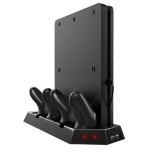 Soporte Pro Playstation Slim (PS4 Slim) 2 USB/Estación de Carga Mandos/Ventilador - Stand Vertical con Refrigeración Dual - Estación de Carga para 2 Mandos Dualshock 4 - 2 x Puertos USB - Indicadores LED de Carga - Compatible exclusivamente con PS4 Slim