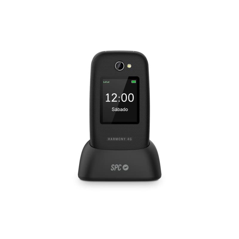 Teléfono móvil SPC Harmony 4G Negro sobre su base de carga