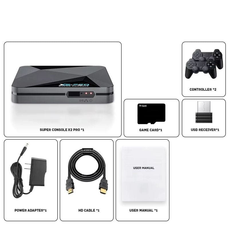 Contenu de la boîte de Super Console X2 Pro 2Go/8Go Triple OS + Carte 256Go - Retro Console