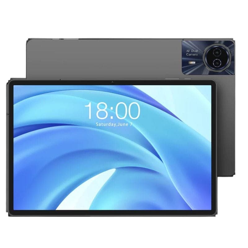 Tablet Teclast T50 Plus 11 negra con pantalla amplia, marcos finos y cámara trasera en módulo circular AI Dual Camera; diseño delgado y moderno