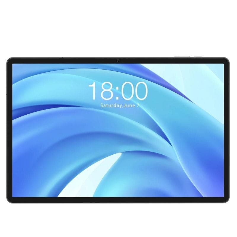 Tablet Teclast T50 Plus 11 negra con pantalla amplia de bordes delgados, cámara frontal centrada y diseño minimalista; interfaz Android 14 visible en pantalla
